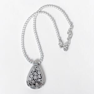 Brighton Reversible Floral Teardrop Pendant Necklace Crystal Ball Chain Silver